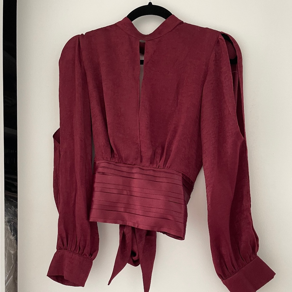 With Tags Satin Open Tie Back Cold Shoulder/Arm Wine Color Top